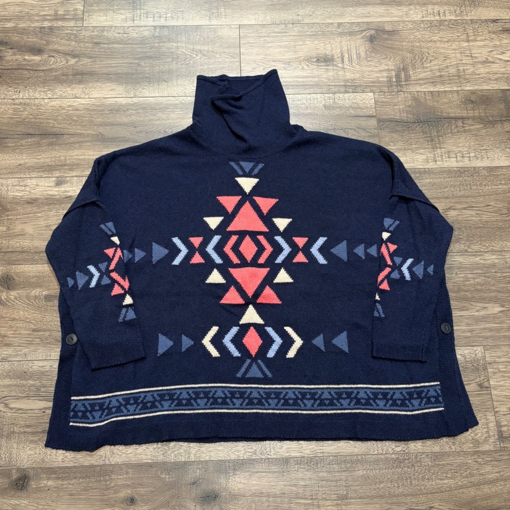 J.‎ Jill Navy Blue Aztec pullover Geometric Cowl Neck Poncho Sweater SSW180171 M
